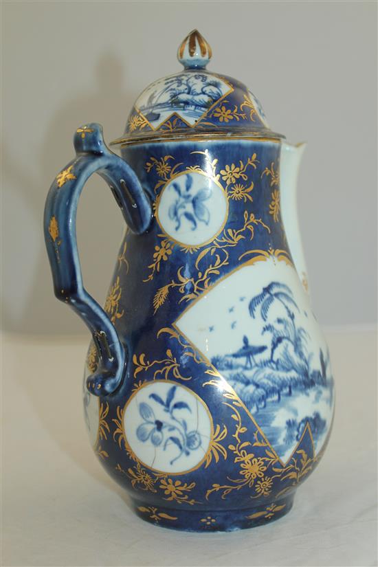 A Worcester powder blue ground coffee pot and cover, c.1760-70, 23cm, damaged